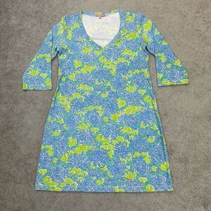 Barbara Gerwit Vintage Womens Floral V-neck Jersey Knit Mini Dress Blue Green XL